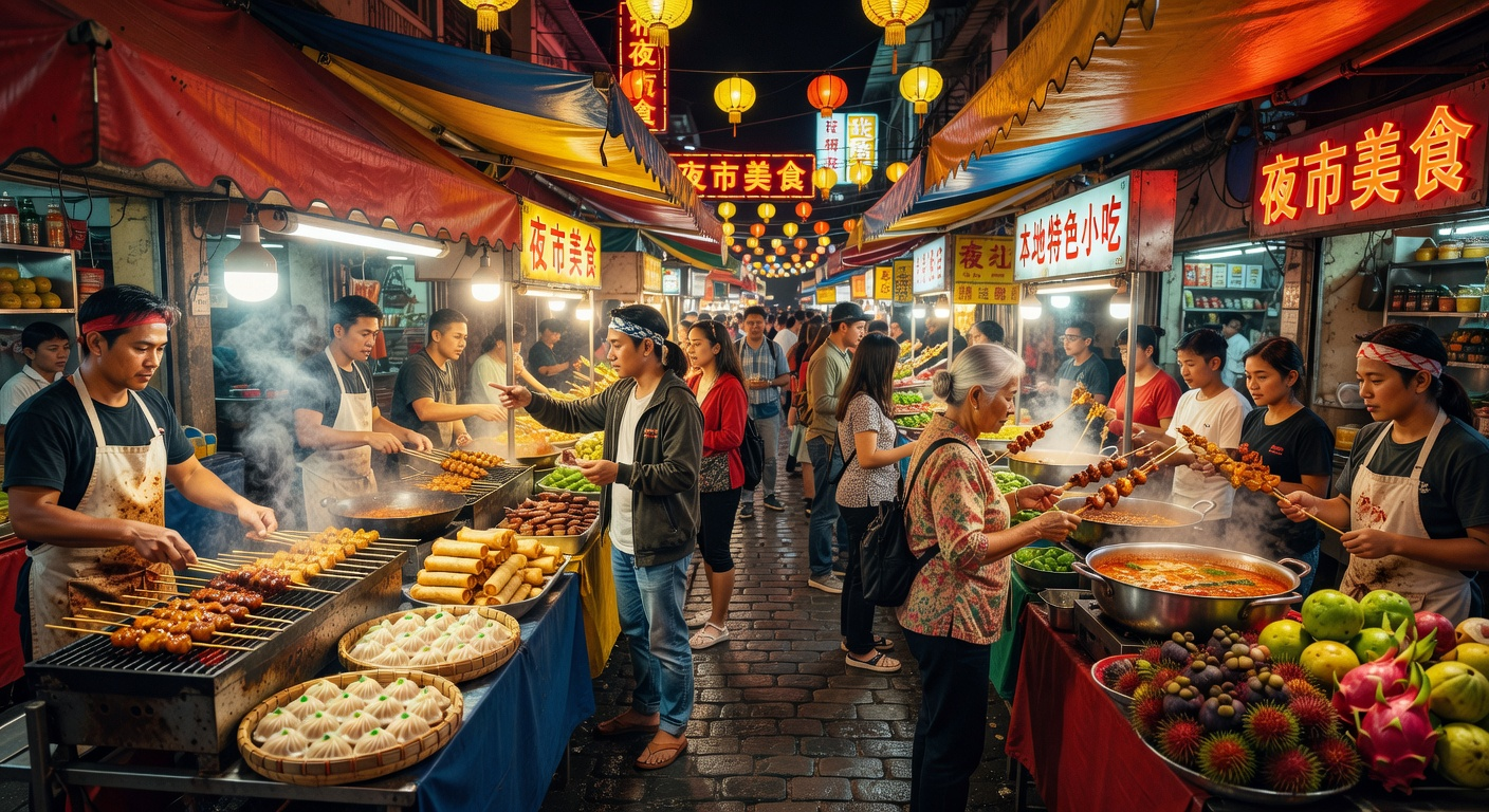Vibrant Asian street food market at night