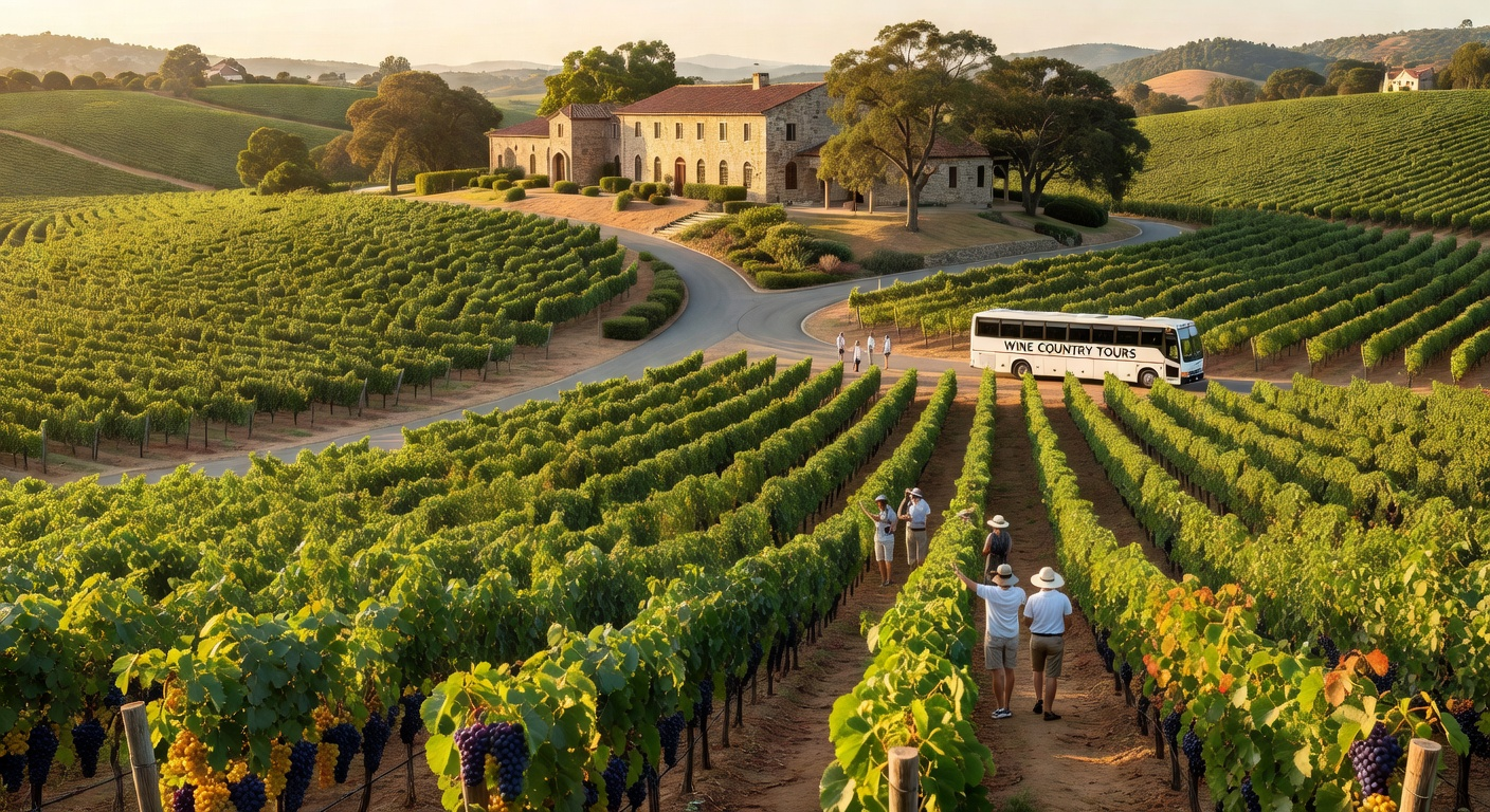 Rolling European vineyard at golden hour