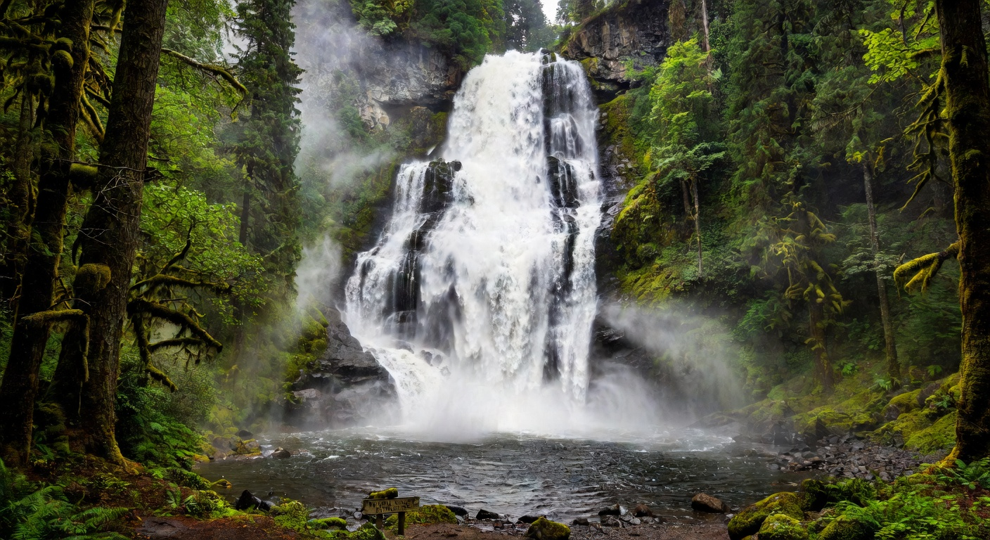 Misty tropical forest waterfall