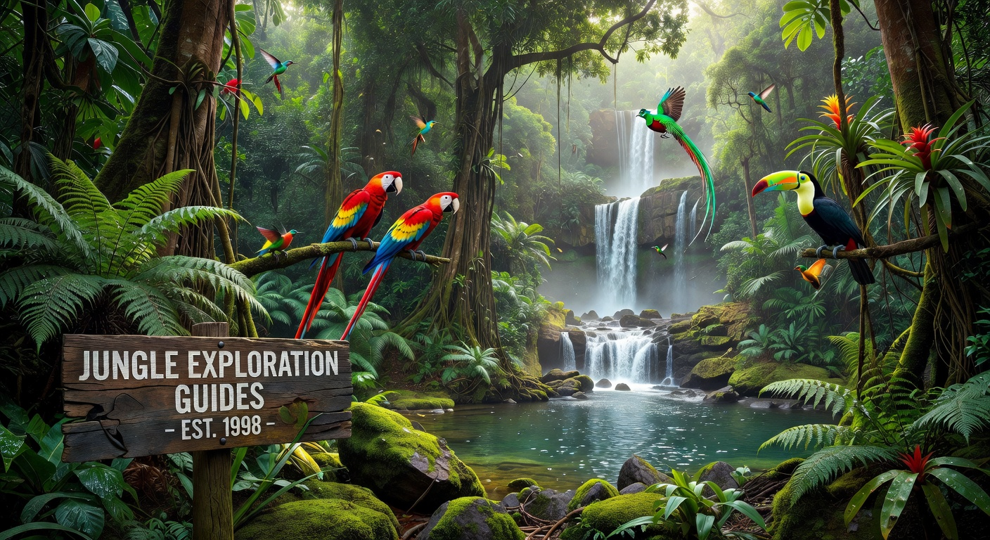 Exotic tropical birds in lush rainforest